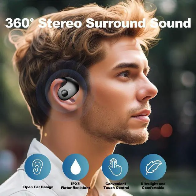 Alt view image 4 of 6 - NEW Ultra Bone Conduction Earphones Open Earbuds with Immersive Audio Clear Call,Wireless Bluetooth Ear buds Stable Fit,Robust Bass,Sweat-Proof Sport Open-Ear Headphones with Mic,48H Playtime (Black)