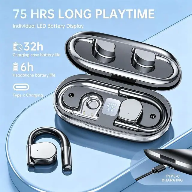 Alt view image 5 of 7 - Open-Ear Wireless Earbuds with an earhook Design, Bluetooth 5.3, LED Battery Indicator, 75-Hour Battery Life, and Comfortable fitIdeal for Sports, Travel, and the Office
