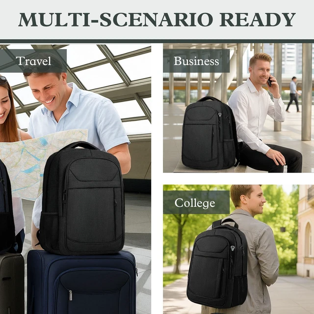 Alt view image 6 of 7 - 17" Travel Laptop Backpack, Airline Approved Computer Bag, Black | Padded Laptop Compartment, Water-Resistant, Anti-Theft Pocket, Luggage Strap, 40L Storage for Work Travel College