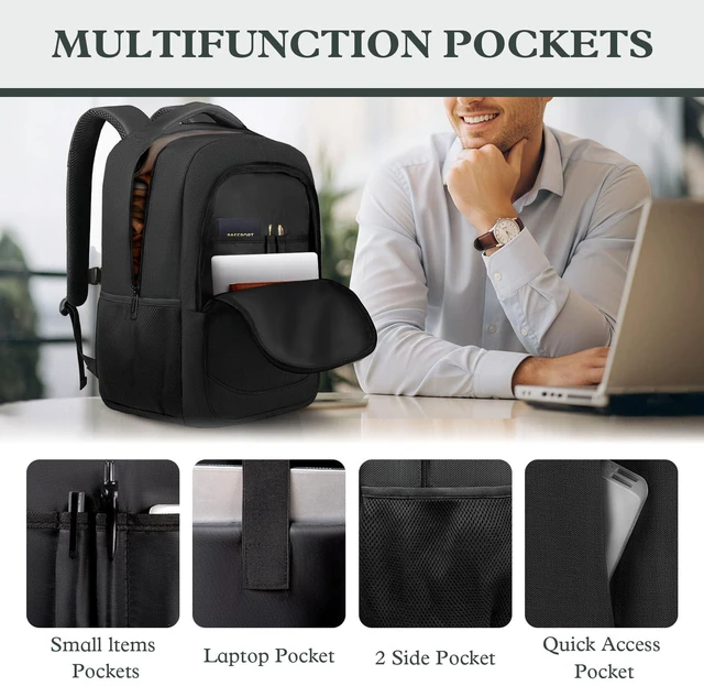 Alt view image 3 of 7 - 17" Travel Laptop Backpack, Airline Approved Computer Bag, Black | Padded Laptop Compartment, Water-Resistant, Anti-Theft Pocket, Luggage Strap, 40L Storage for Work Travel College
