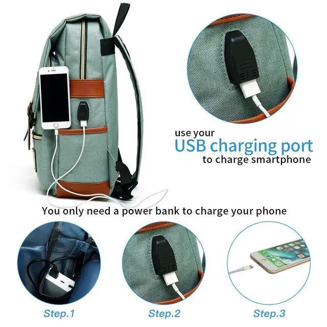 Alt view image 5 of 6 - Vintage Laptop Backpack with USB Charging Port, Slim Tear Resistant Business Backpack for Travelling, College, Casual Daypacks for Men,Women, Fits up to 15.6Inch Notebook, Green