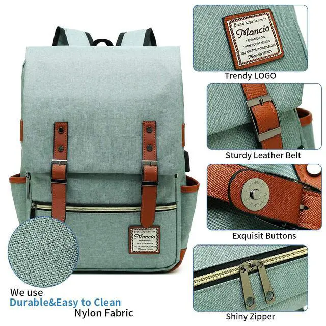 Alt view image 4 of 6 - Vintage Laptop Backpack with USB Charging Port, Slim Tear Resistant Business Backpack for Travelling, College, Casual Daypacks for Men,Women, Fits up to 15.6Inch Notebook, Green