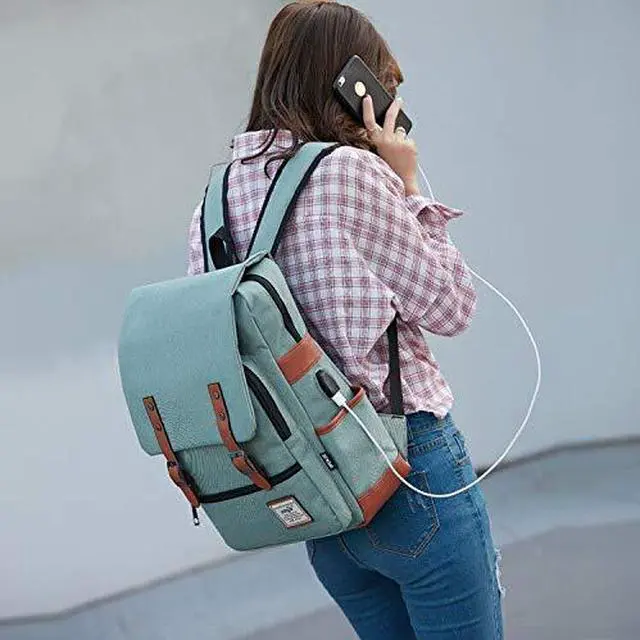 Alt view image 6 of 6 - Vintage Laptop Backpack with USB Charging Port, Slim Tear Resistant Business Backpack for Travelling, College, Casual Daypacks for Men,Women, Fits up to 15.6Inch Notebook, Green