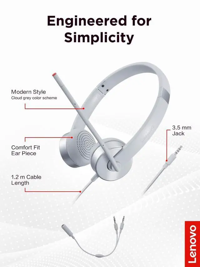 Alt view image 5 of 7 - 100 Stereo Analog Headset, 3.5mm, 180° Boom Microphone, Memory-Foam Earcups, GXD1B60597, Cloud Grey