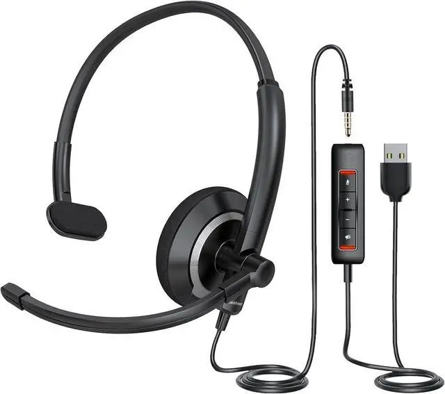 Main image of Single Ear USB Headset with Microphone for PC - Adjustable Lightweight Computer Headset with Mic for Call Center, Office, 3.5mm & USB Compatible Headphone with Mic