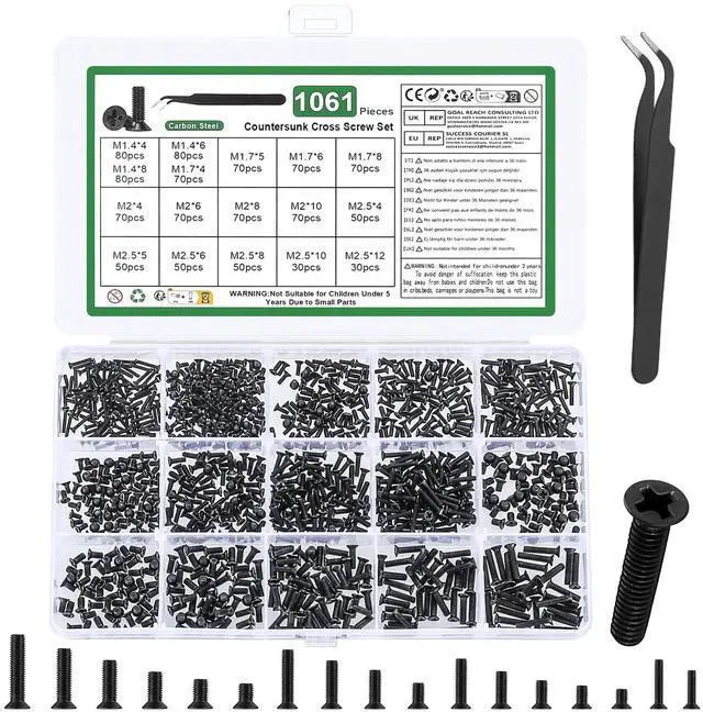 Main image of 1060 Pcs Small Laptop Screws Kit, Micro Flat Head Phillips Countersunk Bolts, Replacement Computer Screws Assortment Kit for Electronic SSD Hard Disk PC Screw, M1.4 M1.7 M2 M2.5, with Tweezers