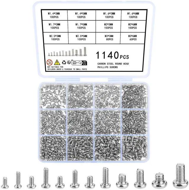 Main image of 1140 Pcs Tiny Screws for Electronics, M1.4 M1.6 M1.7 M2 M2.5 M3 Round Head Mini Screws, Replacement Computer, Small Machine Assortment Kit (1140)