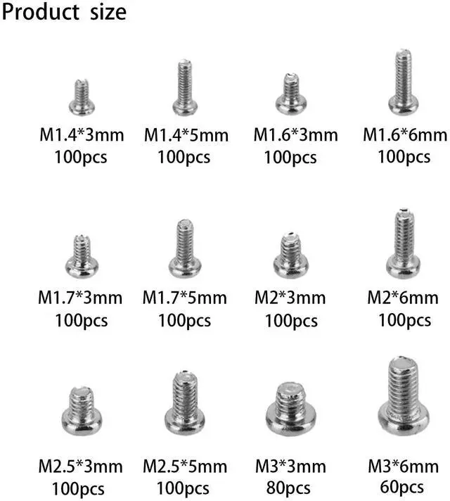 Alt view image 2 of 7 - 1140 Pcs Tiny Screws for Electronics, M1.4 M1.6 M1.7 M2 M2.5 M3 Round Head Mini Screws, Replacement Computer, Small Machine Assortment Kit (1140)