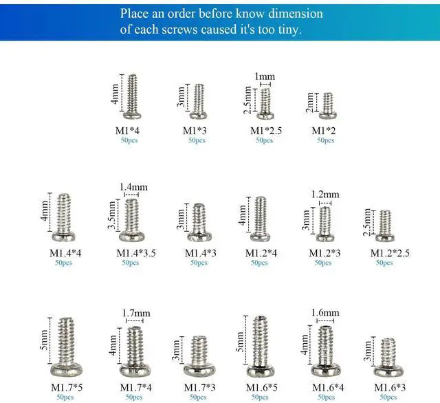 Alt view image 3 of 7 - 800pcs Tiny Screws for Electronics, M1/M1.2/M1.4/M1.6/M1.7 Very Small Phillips Pan Head Machine Screws, Micro screws, Mini Screws Assortment Kit for Electronic Repair,Nickel-Plated Carbon Steel