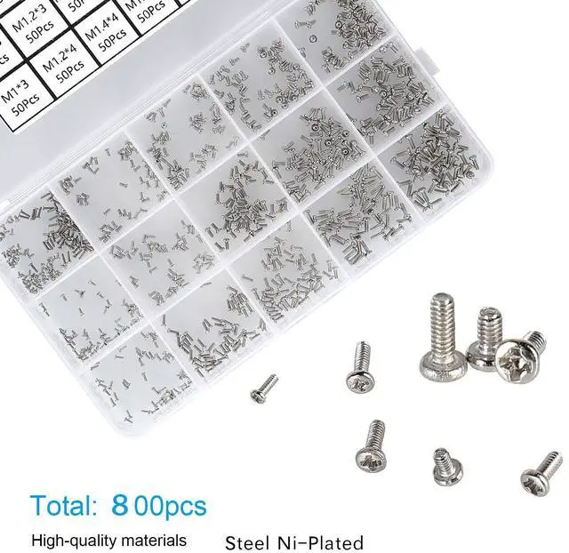 Alt view image 6 of 7 - 800pcs Tiny Screws for Electronics, M1/M1.2/M1.4/M1.6/M1.7 Very Small Phillips Pan Head Machine Screws, Micro screws, Mini Screws Assortment Kit for Electronic Repair,Nickel-Plated Carbon Steel