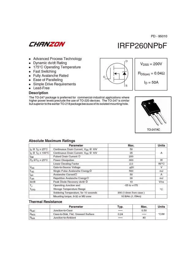 Alt view image 4 of 6 - IRFP260NPBF TO-247 NMOS MOS N-Channel Power MOSFET Transistor, High Dissipation and Current (Pack of 5pcs)