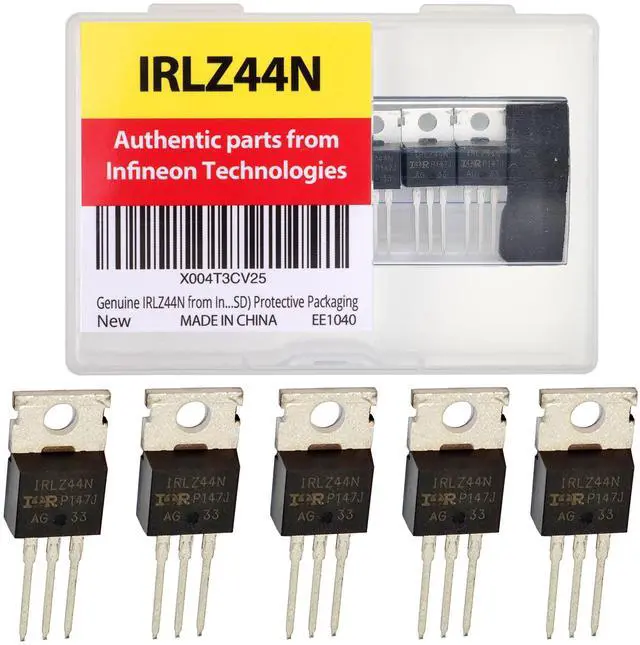 Main image of Genuine Infineon Technologies 0.022 RDS(ON) 47A 55V IRLZ44NPBF Pack of 5pcs in (ESD) Logic Level Mosfet Protective Packaging TO-220 Gate-Source Threshold Voltage 1.0V to 2.0V.