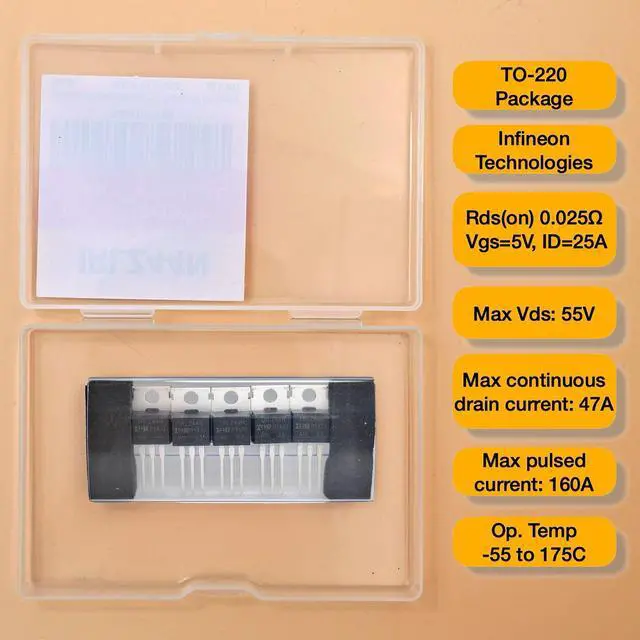 Alt view image 2 of 7 - Genuine Infineon Technologies 0.022 RDS(ON) 47A 55V IRLZ44NPBF Pack of 5pcs in (ESD) Logic Level Mosfet Protective Packaging TO-220 Gate-Source Threshold Voltage 1.0V to 2.0V.