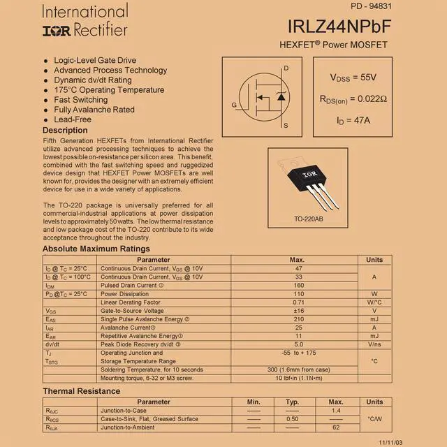 Alt view image 4 of 7 - Genuine Infineon Technologies 0.022 RDS(ON) 47A 55V IRLZ44NPBF Pack of 5pcs in (ESD) Logic Level Mosfet Protective Packaging TO-220 Gate-Source Threshold Voltage 1.0V to 2.0V.