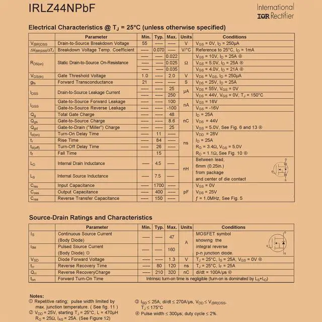 Alt view image 5 of 7 - Genuine Infineon Technologies 0.022 RDS(ON) 47A 55V IRLZ44NPBF Pack of 5pcs in (ESD) Logic Level Mosfet Protective Packaging TO-220 Gate-Source Threshold Voltage 1.0V to 2.0V.