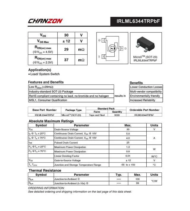 Alt view image 5 of 7 - IRLML6344TRPBF SOT-23 NMOS MOS N-Channel Power MOSFET Transistor, Surface Mounted Device (Pack of 20pcs)
