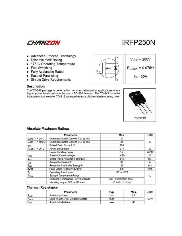 Alt view image 4 of 6 - IRFP250 TO-247 NMOS MOS N-Channel Power MOSFET Transistor, High Power Dissipation (Pack of 5pcs)