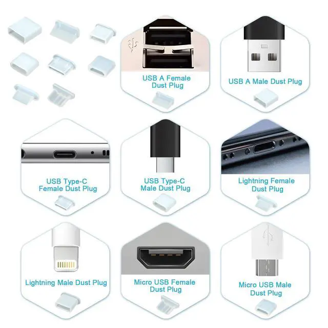 Alt view image 2 of 7 - 70 Pcs USB Anti Dust Cover Plugs, Silicone Male and Female Cap Port Protector, Anti Dust Cover Protector Plugs Cap for USB A Micro USB Type C Lightning Ports (8 Types with 2 Brushes)