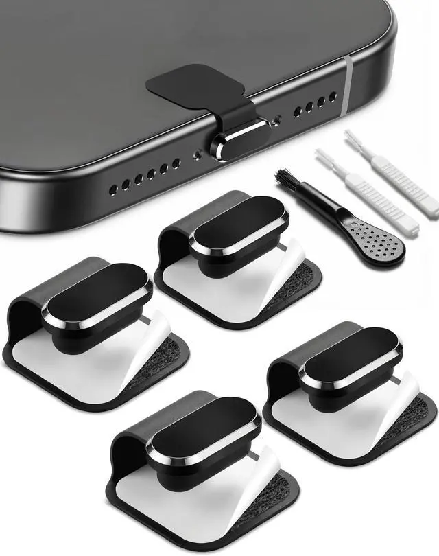 Main image of Anti-Lost USB-C Dust Plug Cover for iPhone 17/16/15 Plus/Pro/Max, Samsung Galaxy, Pixel, Anti-Lost Type-C Port Protector with Cleaning Brush, Midnight Black, 4 Pack