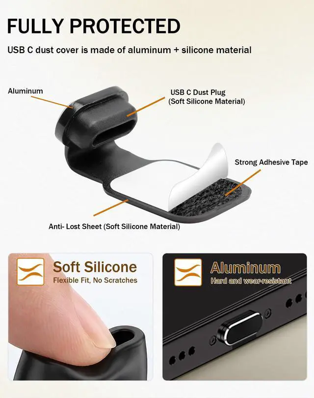 Alt view image 2 of 7 - Anti-Lost USB-C Dust Plug Cover for iPhone 17/16/15 Plus/Pro/Max, Samsung Galaxy, Pixel, Anti-Lost Type-C Port Protector with Cleaning Brush, Midnight Black, 4 Pack