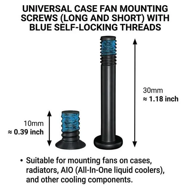 Alt view image 2 of 5 - 80pcs PC Fan Screw Kit Black Carbon Steel Screws with Blue Nylon Patch (30x UNC 6-32 30mm + 50x 10mm) Compatible with 60mm to 360mm Radiator Fans, AIO Coolers, and PC Cases