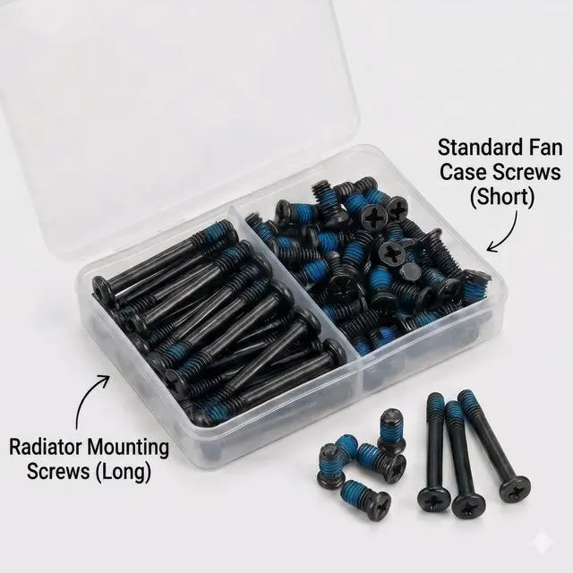 Alt view image 3 of 5 - 80pcs PC Fan Screw Kit Black Carbon Steel Screws with Blue Nylon Patch (30x UNC 6-32 30mm + 50x 10mm) Compatible with 60mm to 360mm Radiator Fans, AIO Coolers, and PC Cases