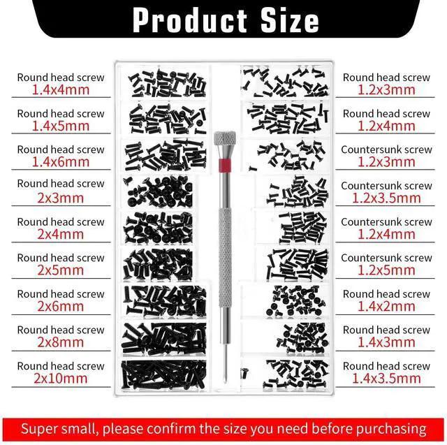 Alt view image 2 of 7 - 500 Pcs Extra Small Screws Tiny Screw Assortment Kit M1.2/M1.4/M2.0 Micro Repair Screw Kit Black Small Replacement Screws with Screwdriver for Glasses Watches Laptop Computer Electronic