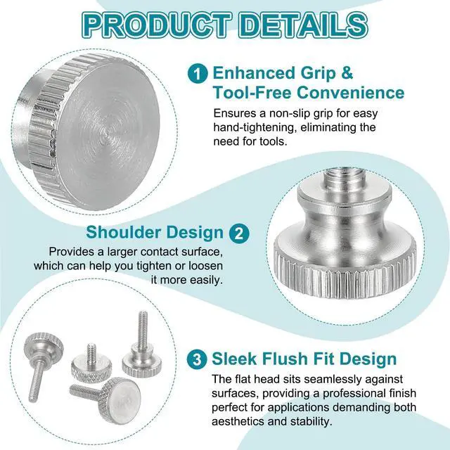 Alt view image 3 of 7 - 5pcs M2 x 8mm Vernier Caliper Screws, 304 Stainless Steel Flat Head Shoulder Thumb Screws Metric Diamond Knurled Head Bolts Grip Knobs Hand Tighten Thread Fasteners Position