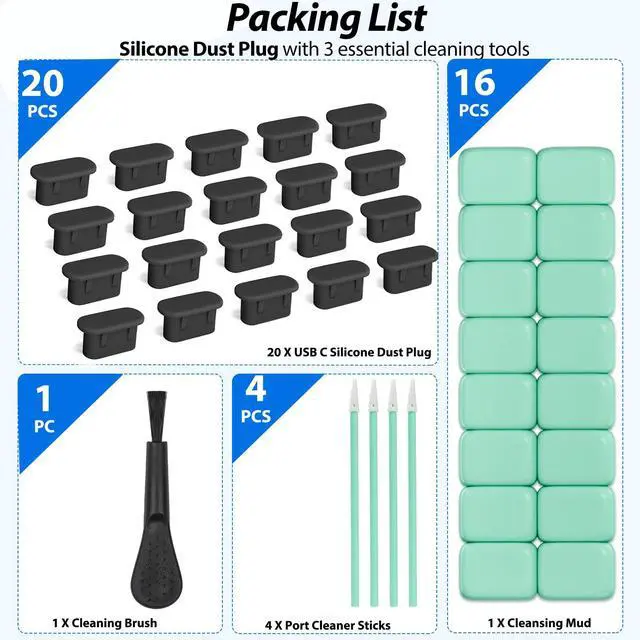 Alt view image 6 of 7 - Silicone USB C Dust Plug,4-in-1 27 Pack Type C Anti Dust Plug Cleaning Tool Set,USB C Plug Cover Charging Port Protector for iPhone 15/16/17, Kindle, Samsung, One Plus, All USB C-Port Devices