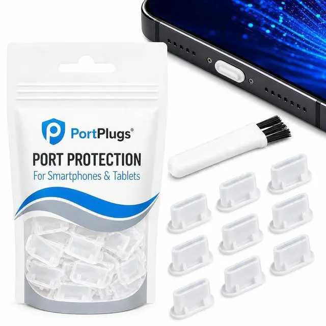 Main image of USB C Dust Plugs Keep Charging Ports Clean for iPhone 15 16 17, Kindle, Samsung, Pixel, MacBook and Android Devices | 10 Pack Port Cover Set with Cleaning Brush (Clear)