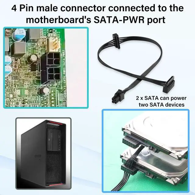 Alt view image 3 of 7 - ATX 4PIN to Dual SATA 15 PIN Adapter Extension Cable for Mechanical HDDs SSDs DVD/CD-ROMs (17.9 in./45.5 cm)