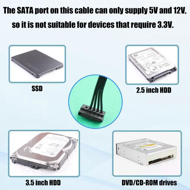 Alt view image 6 of 7 - ATX 4PIN to Dual SATA 15 PIN Adapter Extension Cable for Mechanical HDDs SSDs DVD/CD-ROMs (17.9 in./45.5 cm)
