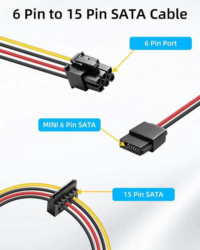 Alt view image 2 of 7 - 18AWG 6 Pin to SATA Power Cable,5V/3A SATA Power Y Splitter,ATX 6 Pin to Dual SATA 15 Pin Female with Slimline Optical Drive Port, Upgrade Cable for SSD HDD DVD Drive.(50CM)