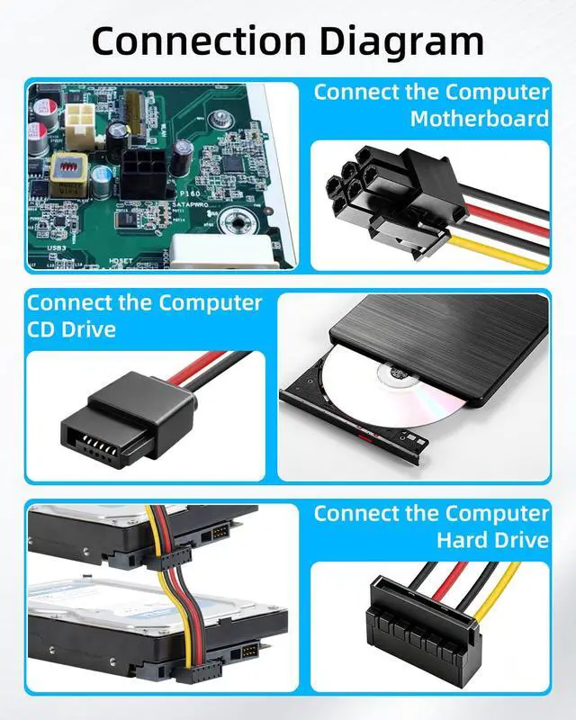 Alt view image 3 of 7 - 18AWG 6 Pin to SATA Power Cable,5V/3A SATA Power Y Splitter,ATX 6 Pin to Dual SATA 15 Pin Female with Slimline Optical Drive Port, Upgrade Cable for SSD HDD DVD Drive.(50CM)