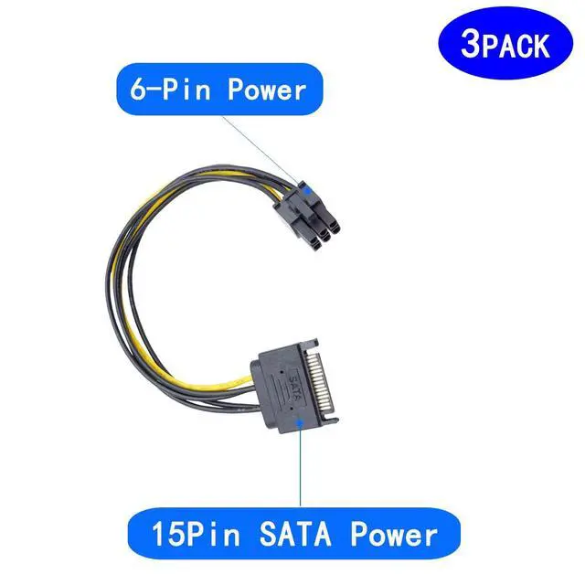 Alt view image 2 of 5 - 6-pin to SATA Power Cable (3-Pack) SATA 15-pin to 6-pin PCI Express (PCIe) Graphics Card Power Adapter (22 cm / 8.66 in)