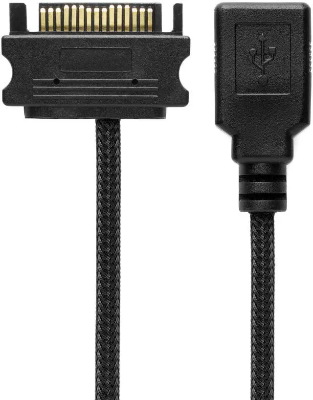 Main image of 5V Female USB 15-Pin SATA Power Adapter Cable - 12-inch (30cm), Black Sleeved - Power USB Devices with an ATX 15-Pin SATA Power Supply Connection