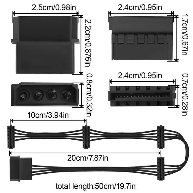 Alt view image 4 of 7 - IDE Molex 4 PIN Male to 4 x SATA 15 PIN Female Expansion Power Cable 20.8in 18AWG Tinned Copper - for PC/NAS/Server Mechanical Hard Drives/SSDs