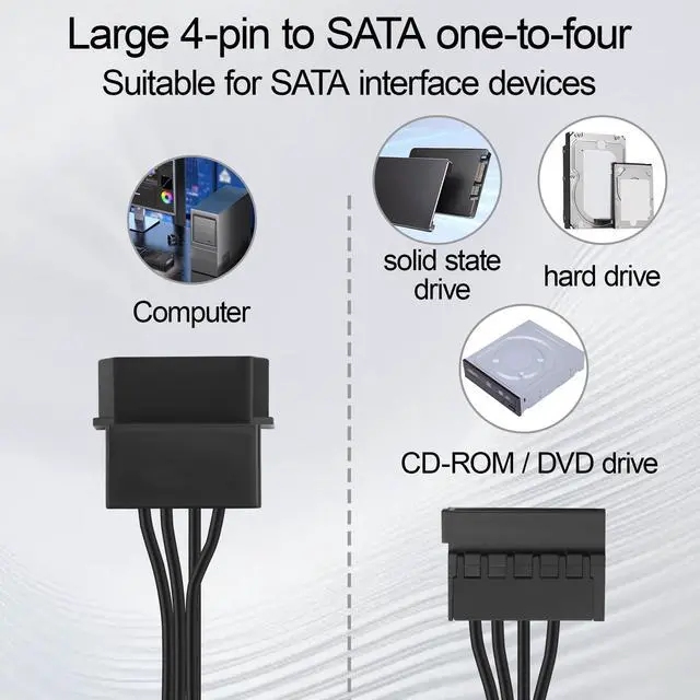 Alt view image 7 of 7 - IDE Molex 4 PIN Male to 4 x SATA 15 PIN Female Expansion Power Cable 20.8in 18AWG Tinned Copper - for PC/NAS/Server Mechanical Hard Drives/SSDs