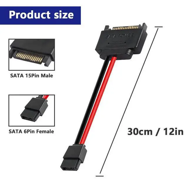 Alt view image 3 of 7 - 4Pcs SATA 15-Pin Male to SATA 6-Pin Female Slimline Power Adapter Cable for Slimline SATA Hard Drives, 12inch (30cm)