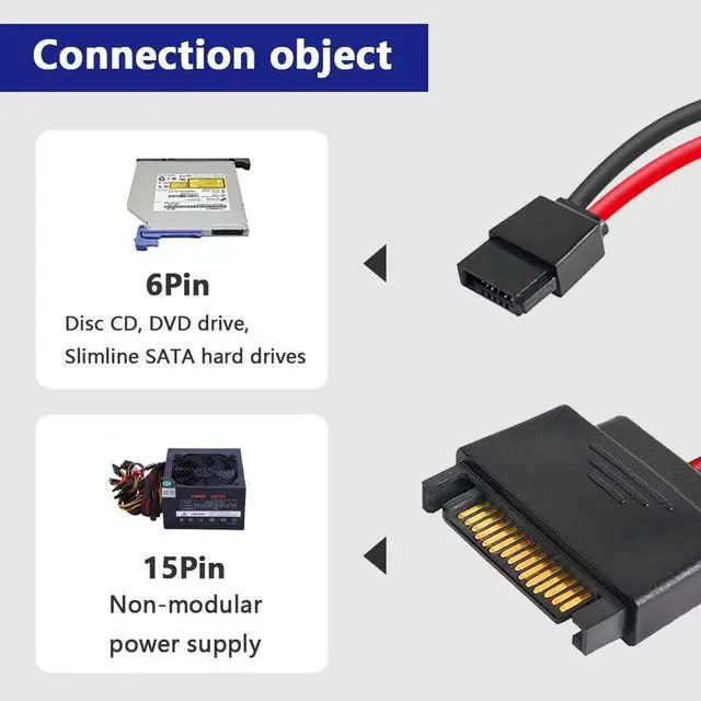 Alt view image 5 of 7 - 4Pcs SATA 15-Pin Male to SATA 6-Pin Female Slimline Power Adapter Cable for Slimline SATA Hard Drives, 12inch (30cm)