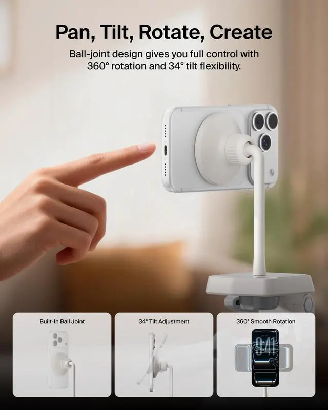 Alt view image 4 of 7 - Stage Magnetic Tripod Phone Mount - Lightweight MagSafe & Qi2 Compatible 360° Rotating Smartphone Holder for iPhone 17 & 16, Android, TikTok, YouTube, Streaming, Influencers, Vlogging, Content