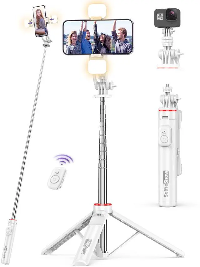 Main image of Selfie Stick Tripod with 2 Light, 3 Light Modes & 6 Brightness Levels Extendable Phone Tripod with Detachable Remote & Phone Holder, Portable Camera Tripod Compatible with iphone16 15 14 13/Android