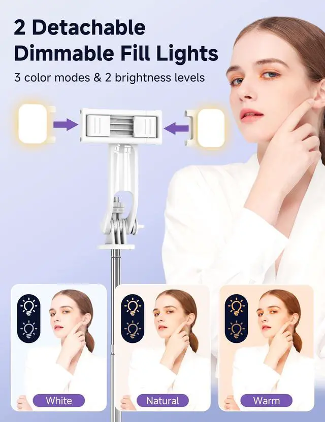 Alt view image 3 of 7 - Selfie Stick Tripod with 2 Light, 3 Light Modes & 6 Brightness Levels Extendable Phone Tripod with Detachable Remote & Phone Holder, Portable Camera Tripod Compatible with iphone16 15 14 13/Android
