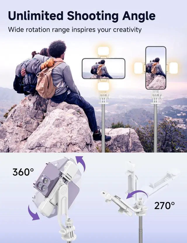 Alt view image 6 of 7 - Selfie Stick Tripod with 2 Light, 3 Light Modes & 6 Brightness Levels Extendable Phone Tripod with Detachable Remote & Phone Holder, Portable Camera Tripod Compatible with iphone16 15 14 13/Android