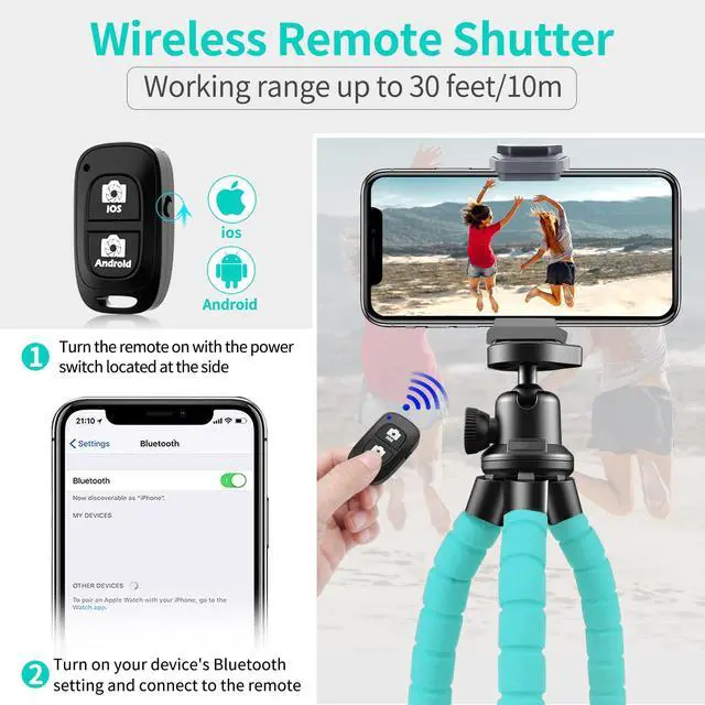 Alt view image 2 of 6 - Phone Tripod, Flexible Tripod for iPhone and Android, Portable with Wireless Remote and Clip for Video Recording/Vlogging/Selfie (Blue)