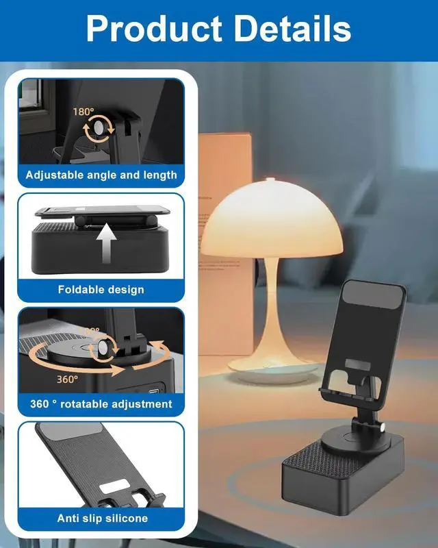 Alt view image 4 of 7 - Cell Phone Stand 3-in-1 Foldable with Induction Speaker & Atmosphere Light, 360° Rotation Audio Dock, Compatible with iPhone/Android Phones, Birthday Gifts for Men Women Dad Mom