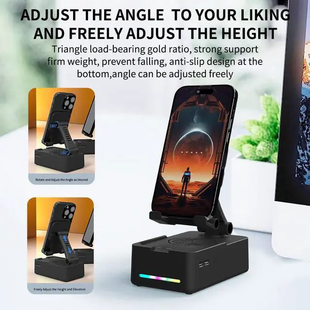 Alt view image 3 of 7 - Foldable Phone Stand with Speaker, Gifts for Men Women, Wireless Bluetooth Speaker with Cell Phone Stand and Anti-Slip Base Led RGB Light HD Surround Sound Compatible with Phones, Tablets