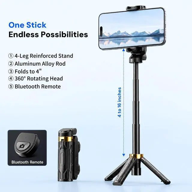 Alt view image 2 of 7 - Mini Selfie Stick Tripod, 4" Pocket-Sized Selfie Stick with Bluetooth Remote, 4-Leg Reinforced Stand, 360° Rotation, 3.8 oz Lightweight for iPhone/Android, Ideal for Travel/Live Stream/Vlog