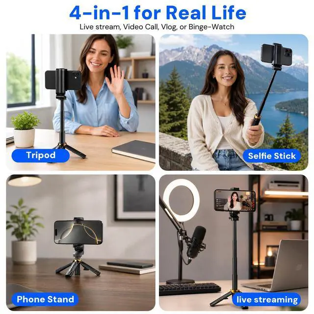 Alt view image 6 of 7 - Mini Selfie Stick Tripod, 4" Pocket-Sized Selfie Stick with Bluetooth Remote, 4-Leg Reinforced Stand, 360° Rotation, 3.8 oz Lightweight for iPhone/Android, Ideal for Travel/Live Stream/Vlog