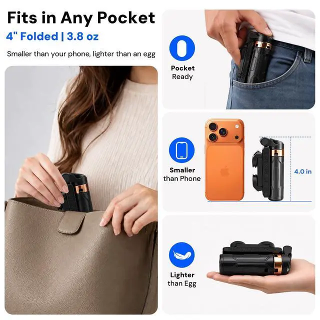 Alt view image 5 of 7 - Mini Selfie Stick Tripod, 4" Pocket-Sized Selfie Stick with Bluetooth Remote, 4-Leg Reinforced Stand, 360° Rotation, 3.8 oz Lightweight for iPhone/Android, Ideal for Travel/Live Stream/Vlog